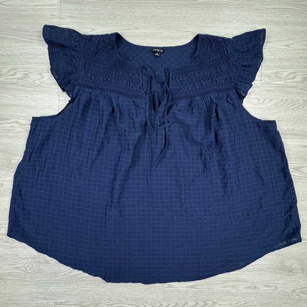 Torrid Women's Blouse Navy Blue Size 3 Flutter Sleeve Smocked Textured Check Top